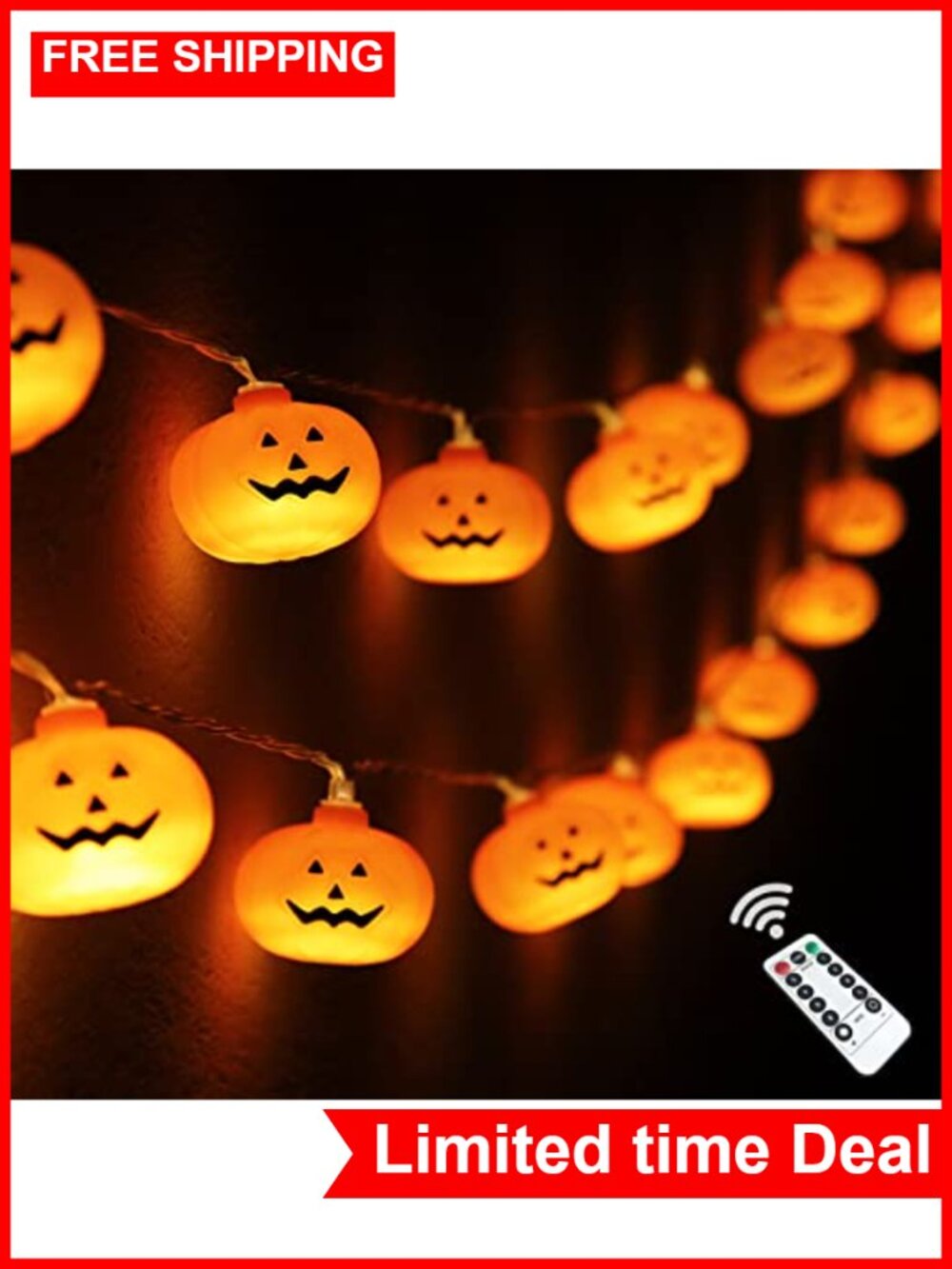 30 LED Pumpkin String Lights Battery Operated Waterproof Remote Control